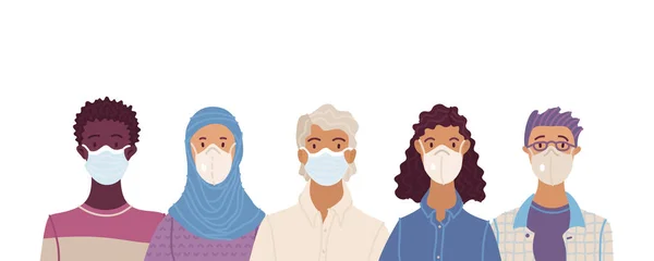 使い捨て医療マスクを身に着けている人々の多文化グループ 国際コロナウイルス保護と流行防止ベクターイラスト 地球規模の自己分離 — ストックベクタ