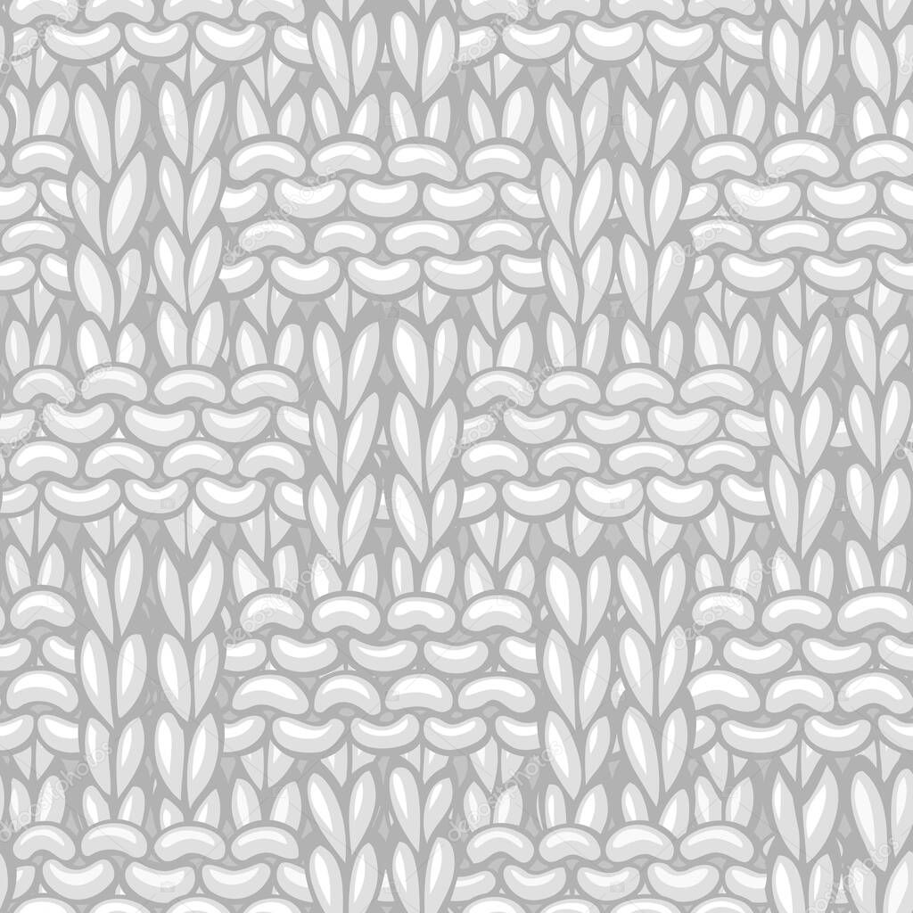 White Braided Knitting Pattern. Hand-drawn cotton cloth background. High detailed wool hand-knitted fabric material.