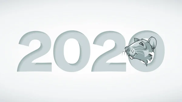 Dígitos 2020 esculpidos em papel e mouse em um buraco . —  Vetores de Stock