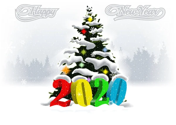 Neujahrskarte mit einem Weihnachtsbaum in der Mitte und den Zahlen 2020 darunter an einem verschneiten Tag. — Stockvektor