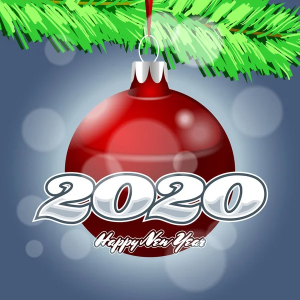 Bola de Natal nos ramos de uma árvore de Natal e dígitos 2020 com a inscrição Feliz Ano Novo . — Vetor de Stock