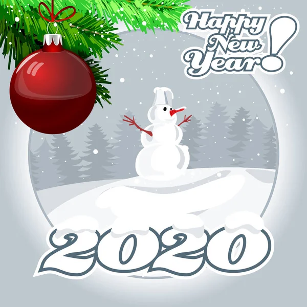 Muñeco de nieve de Navidad con dígitos 2020 con una rama de árbol de Navidad y un juguete de Navidad . — Archivo Imágenes Vectoriales
