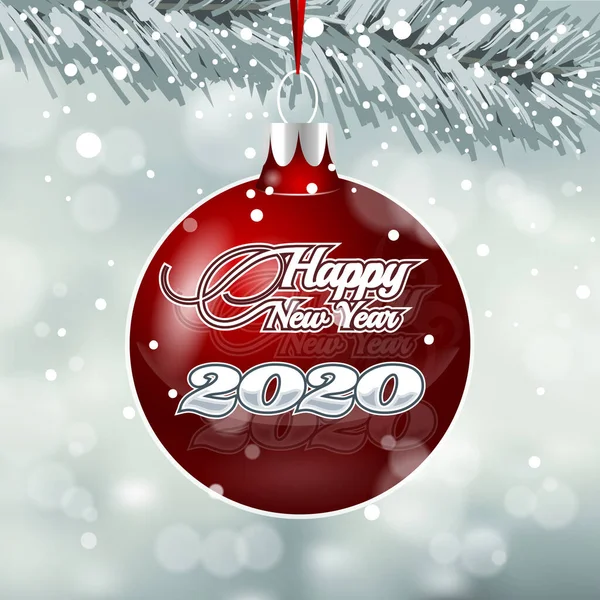 Pelota roja en el árbol de Navidad con dígitos 2020 y saludos de Año Nuevo sobre un fondo borroso . — Archivo Imágenes Vectoriales