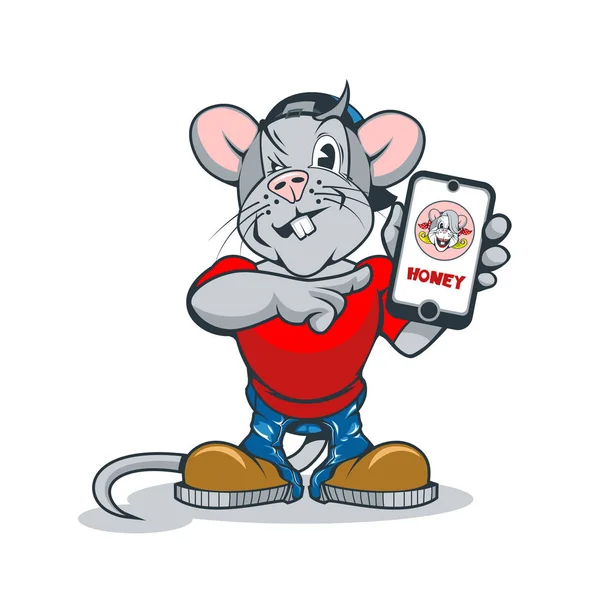 Смешная мультяшная крыса с телефоном в руке, показывающая на него палец. . — стоковый вектор