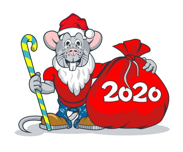 Ratos felizes em roupas de Papai Noel e com um grande saco de presentes com números 2020 nele . —  Vetores de Stock