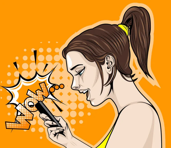 Desenho em quadrinhos do lado de uma menina alegre com um smartphone dizendo wow — Vetor de Stock