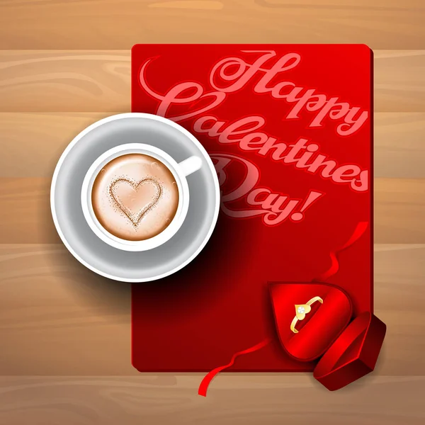 Cup of coffee with a heart greeting card and a gift for Valentine's Day — Stock Vector