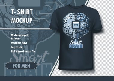 İnsan beyni ve işlemcisi olan tişört modeli şablonu. Düzenlenebilir vektör düzeni.