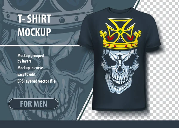 T-shirt modelo mock-up com crânio e coroa na cabeça. Layout vetorial editável . — Vetor de Stock