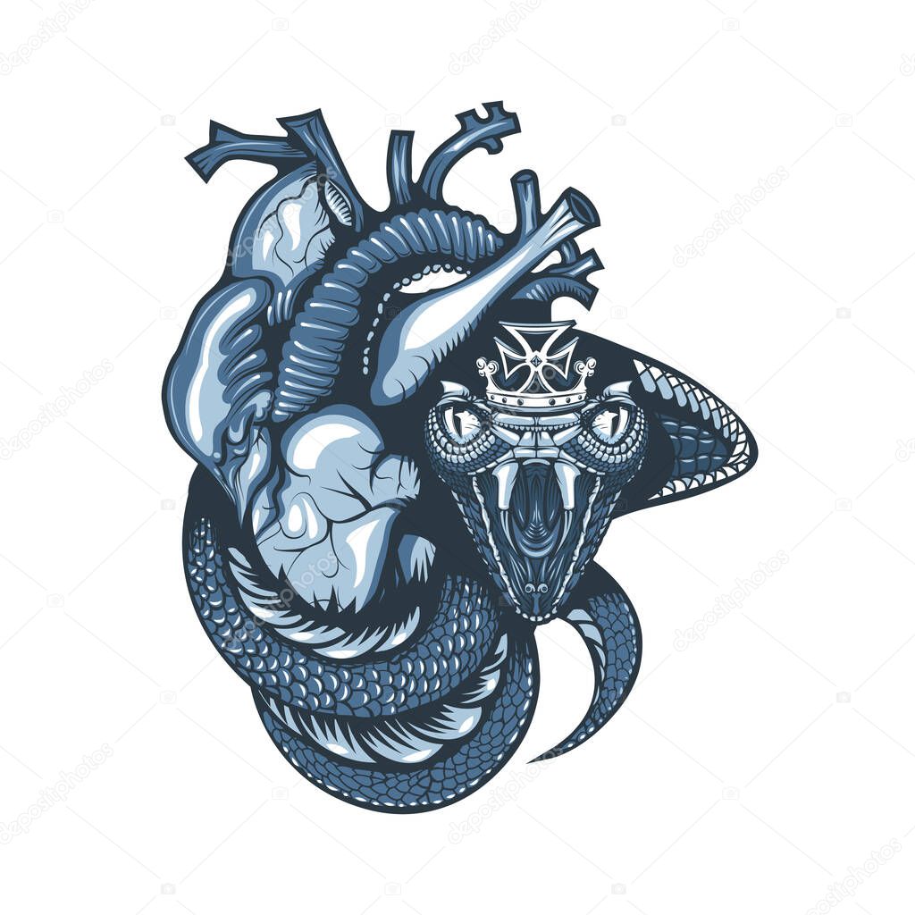 Vintage tattoo design with cobra and crown covering a human heart
