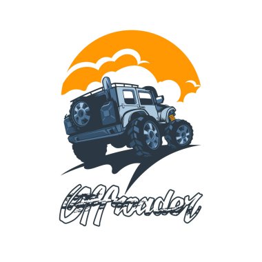 SUV on a hill against the sun with inscription Offroader clipart
