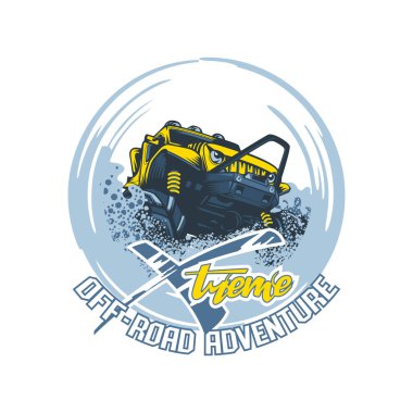 Extreme Off-Road Adventure SUV zor engelleri aşıyor. Vektör illüstrasyonu