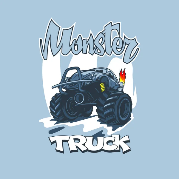 Monster Truck Estilo Cartoon Fundo Azul Letras Vintage — Vetor de Stock