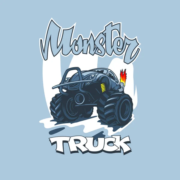 Monstertruck Cartoon Stil Auf Blauem Hintergrund Und Vintage Schriftzug — Stockvektor