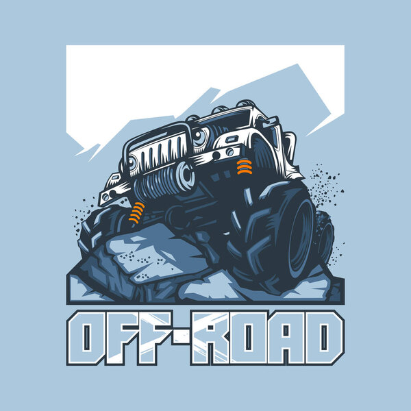 Внедорожник на вершине горы с надписью на синем фоне
