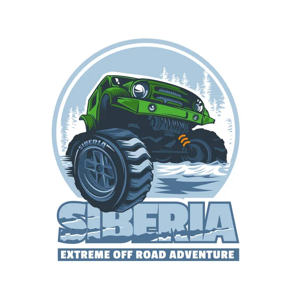 Sibirya 'da zorlu engelleri aşan off-road aracı. Vektör olarak logo