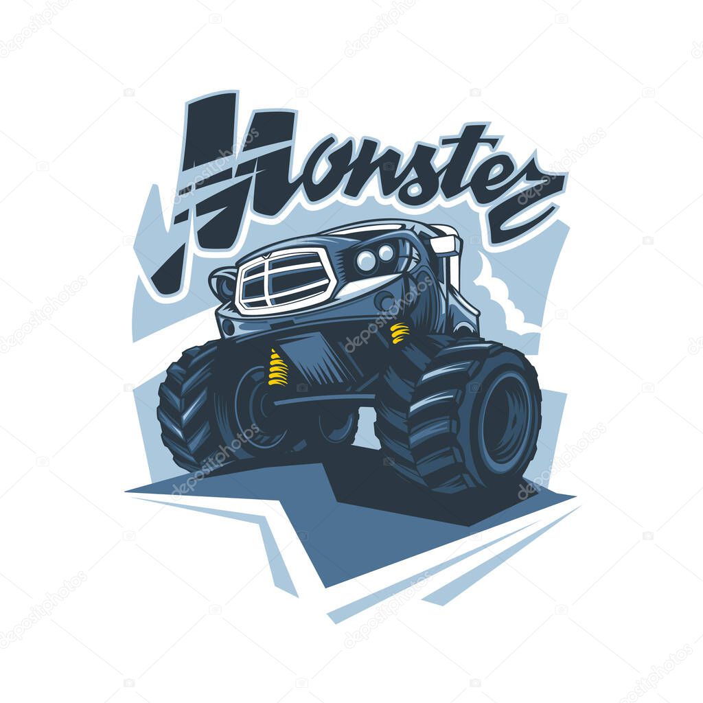 Monster truck logo in hand drawing style. Vector graphics