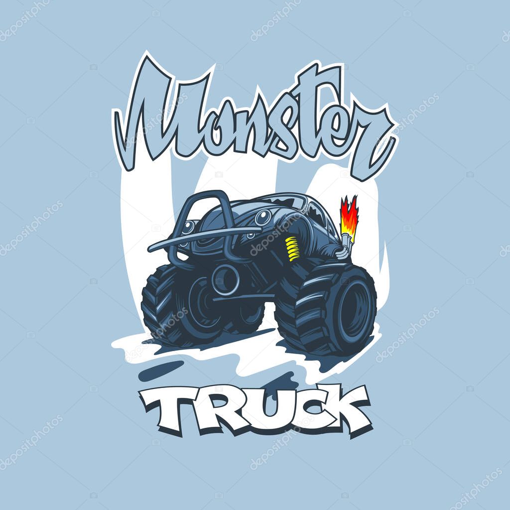 Monster truck in cartoon style on a blue background and vintage lettering