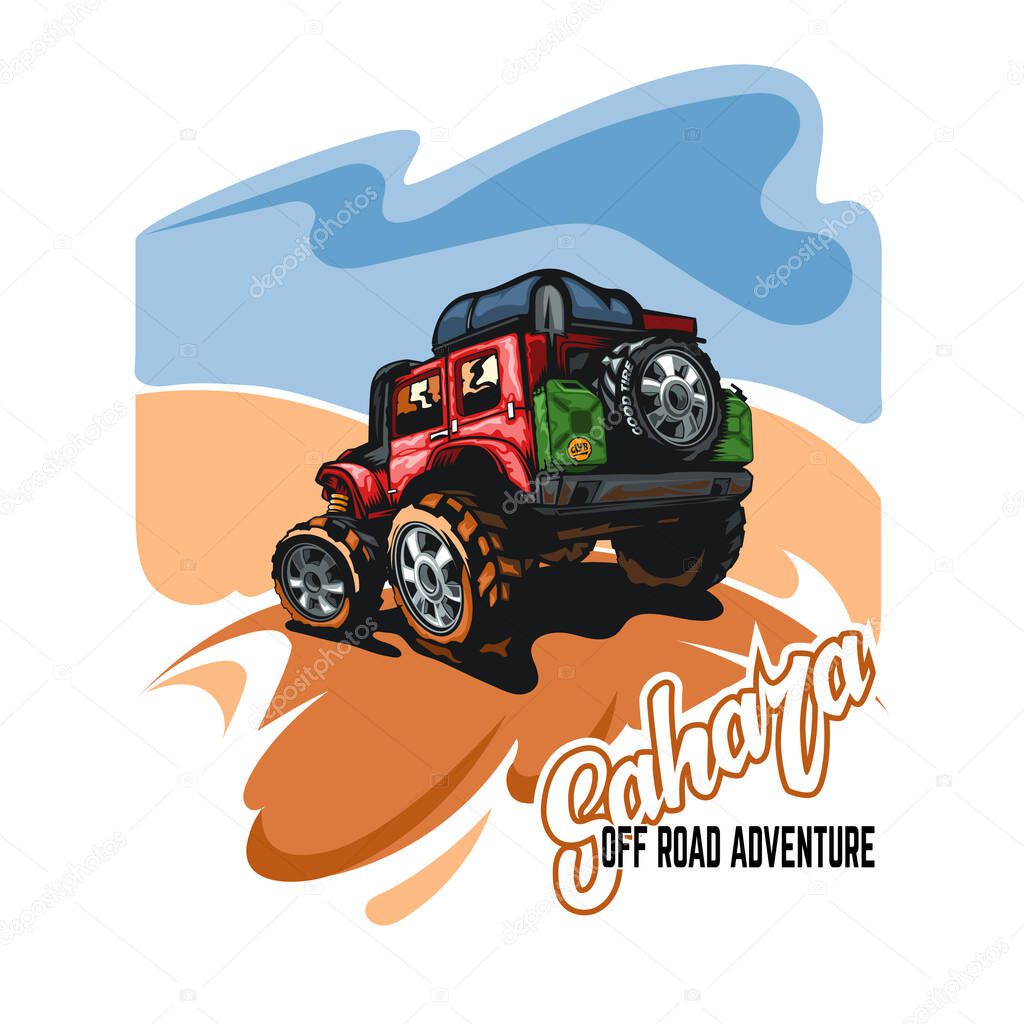 Red SUV on a deserted hill against a blue sky in cartoon style with the name Sahara