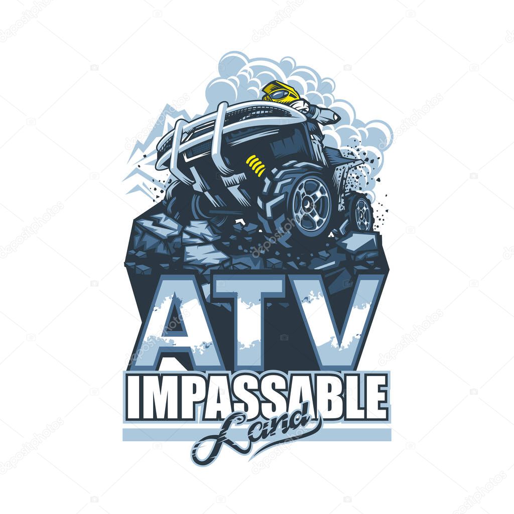 Logo with ATV and racer on top of cliff in cartoon style with beautiful inscriptions