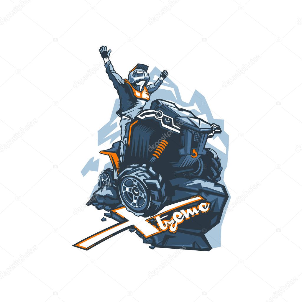 Racer on ATV with hands up on stones in the mountains, a drawing in cartoon style in two-tone colors