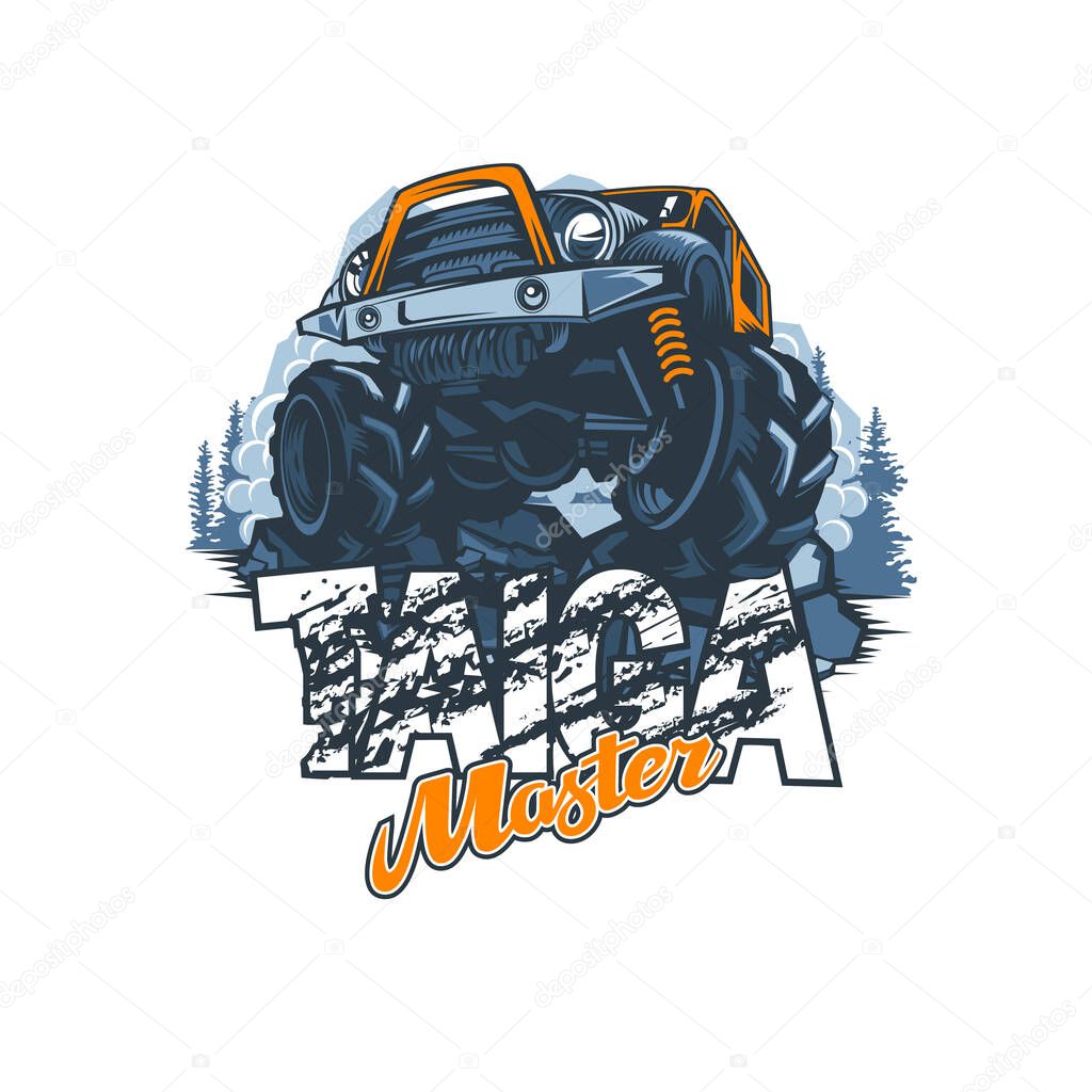 Off-road vehicle with name Master of the Taiga in impassable forests, logo in vector