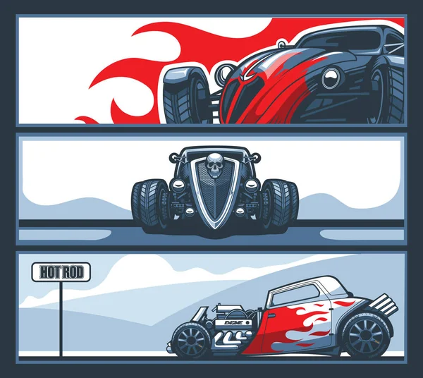 Eine Sammlung Von Drei Bannern Mit Hot Rod Autos Unterwegs — Stockvektor