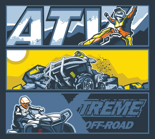ATV 'li üç pankarttan oluşan bir koleksiyon. Vektör grafikleri.