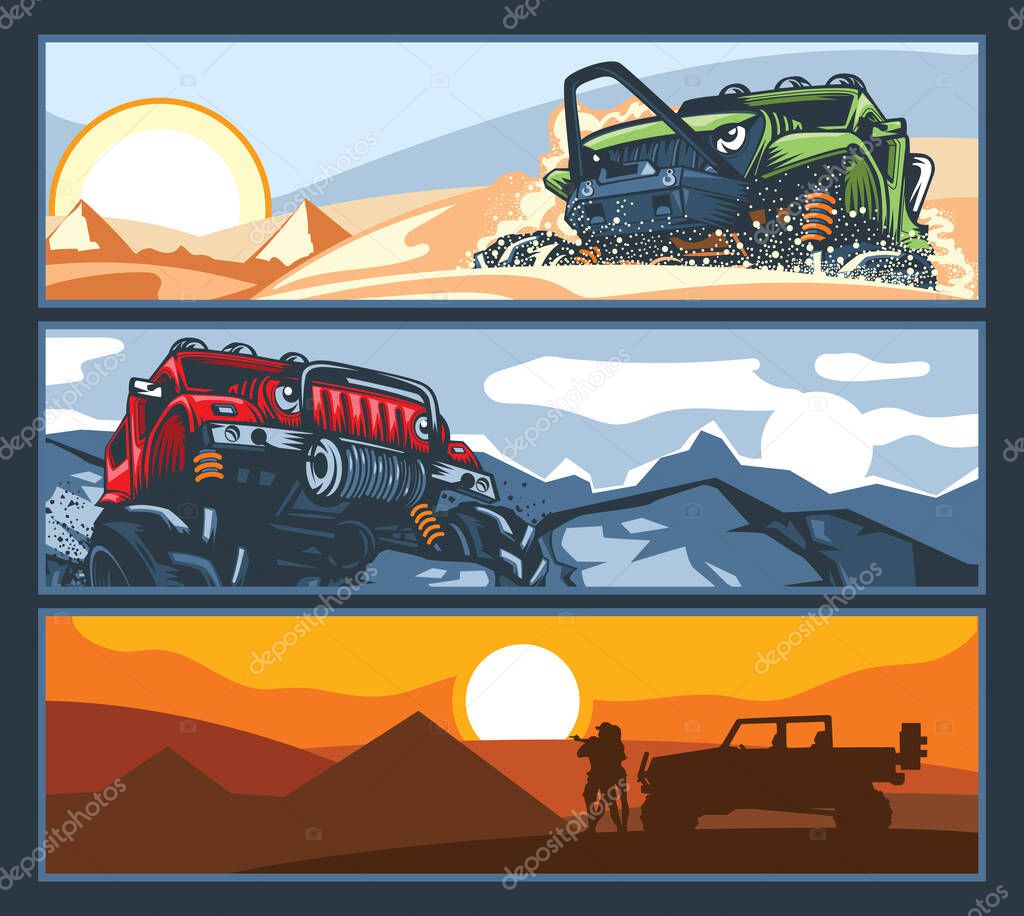Three banners with off-road vehicles with difficult roads