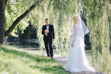 Parkta bir söğüt altında yeni evliler