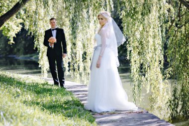 Parkta bir söğüt altında yeni evliler