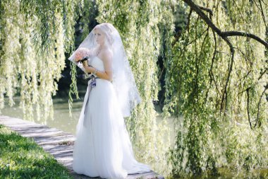 Bir gelinlik ve güller Willow'un bir arka plan üzerinde bir buket peçe zarif kadın