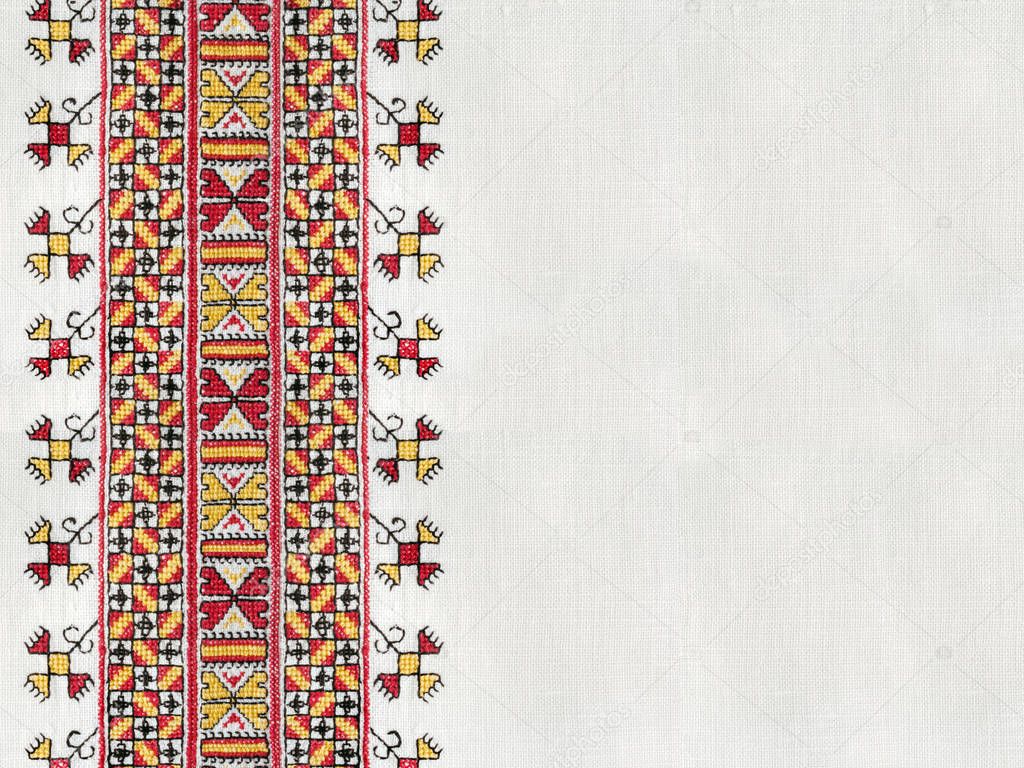 Ukrainian national hand embroidery on white linen