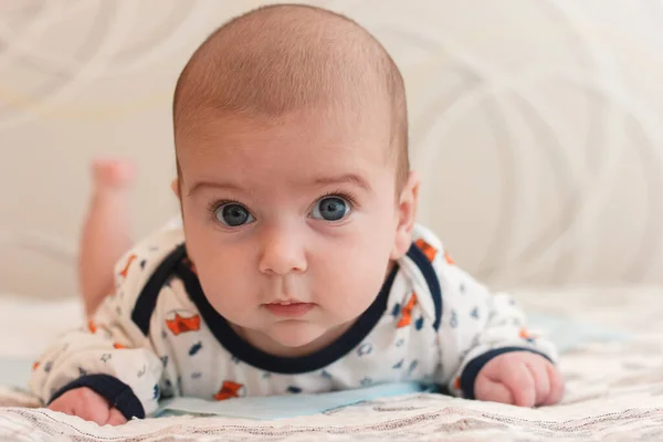 2 aylık büyük mavi gözlü ve uzun kirpikli sevimli erkek bebek portresi. Sevimli bebek karnının üstünde uzanıyor ve kameraya bakıyor.