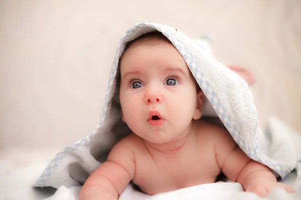 Baby Boy Lies His Stomach Towel Ears — Stock Photo, Image