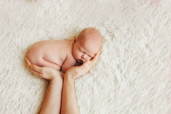 Naked newborn baby lying on the hands of parents on a white background. Imitation of a baby in the womb. beautiful little girl sleeping lying on her stomach. — Stock Photo, Image