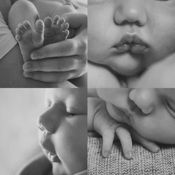 Koláž fotografií: obličej, nohy, ruce dítěte zblízka. koncept dětství, zdravotní péče, Ivf, hygiena, Ent — Stock fotografie