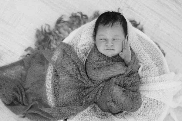 Pasgeboren baby verpakt in een deken slapen in een mand. concept van kindertijd, gezondheidszorg, IVF. Zwart-wit foto — Stockfoto