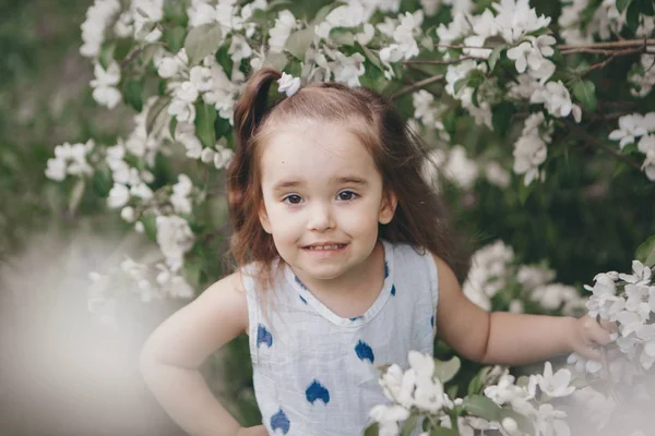 Hermosa niña sosteniendo flores. 8 de marzo: niño entre flores de manzano. el concepto de felicitaciones, vacaciones de mujeres, maquillaje natural — Foto de Stock