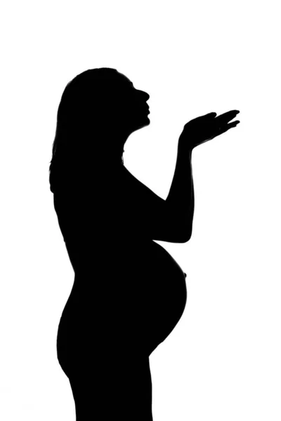 Silhouette di una donna incinta su sfondo bianco. La futura madre si teneva le mani davanti a sé. Il concetto di uno stile di vita sano, fecondazione in vitro, espressione di emozioni, gesti. Copia spazio — Foto Stock