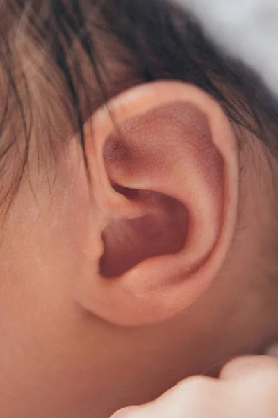 newborn baby\'s ear close upconcept of childhood, health care, IVF, hygiene