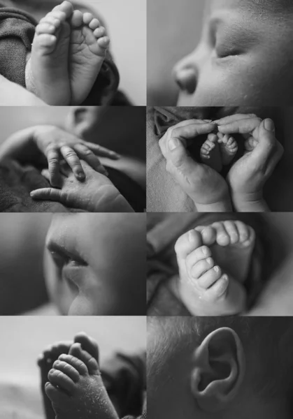 Collage of photos: face, legs, hands of a child close-up. concept of childhood, health care, IVF, hygiene, ENT — Stock Photo, Image