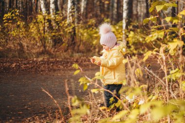 Ormanda çocuk eğlencesi. Sonbahar Parkı. Moda konsepti, aksesuarlar, doğa yürüyüşleri.