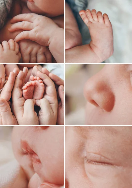 collage of photos: face, legs, hands of a child close-up. concept of childhood, health care, IVF, hygiene, ENT