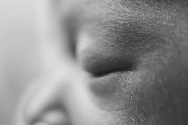 Newborn baby's face close up: eyes, nose, lips. concept of childhood, health care, IVF, hygiene, ENT — Stock Photo, Image