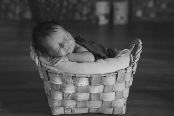 Bebê recém-nascido envolto em um cobertor dormindo em uma cesta. conceito de infância, saúde, FIV. Foto em preto e branco — Fotografia de Stock