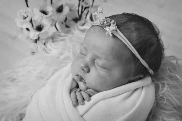 Porträtt av ett sovande nyfött barn i ett pannband med blomma. Hälsokoncept: Ivf, babytillbehör — Stockfoto