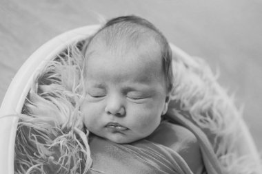 Yeni doğmuş bebek bir sepet içinde uyuyan bir battaniye sarılmış. çocukluk kavramı, sağlık, Ivf. Siyah beyaz fotoğraf