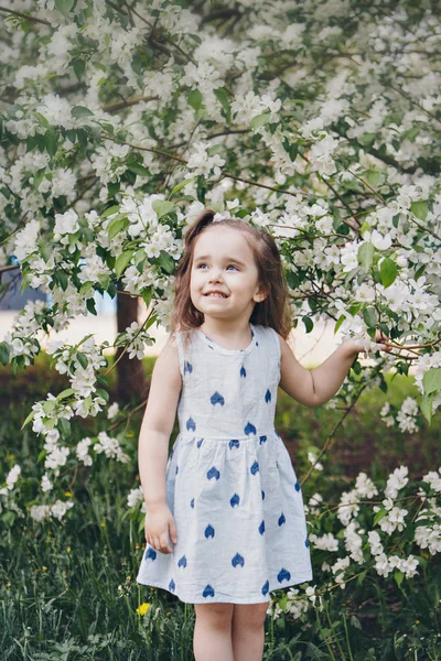 Hermosa niña sosteniendo flores. 8 de marzo: niño entre flores de manzano. el concepto de felicitaciones, vacaciones de mujeres, maquillaje natural — Foto de Stock