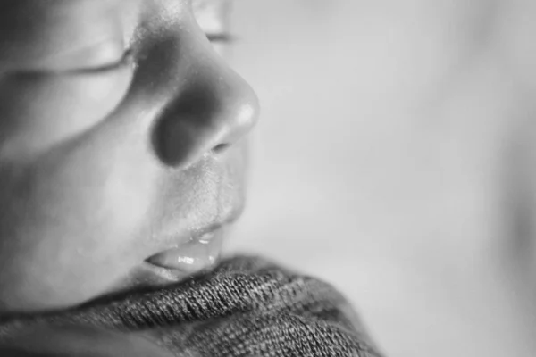 Newborn baby's face close up: eyes, nose, lips. concept of childhood, health care, IVF, hygiene, ENT — Stock Photo, Image